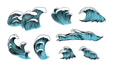 El çizimi deniz dalgaları. Klasik karikatür okyanus gelgit dalgaları beyaz zemin üzerinde yalıtılmış sörf ve deniz manzarası, vektör illüstrasyonu