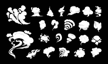 Çizgi film duman bulutları. Çizgi roman dumanları, toz, duman ve dumanlı bulut siluetleri izole edilmiş vektör çizimleri. Rüzgar silueti, duman patlaması, komik bulut koleksiyonu.