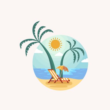Iconic Summer Beach Illustration with Palm Tree, Summer Beach logo ikonu vektörü