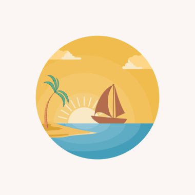 Iconic Summer Beach Illustration with Palm Tree, Summer Beach logo ikonu vektörü