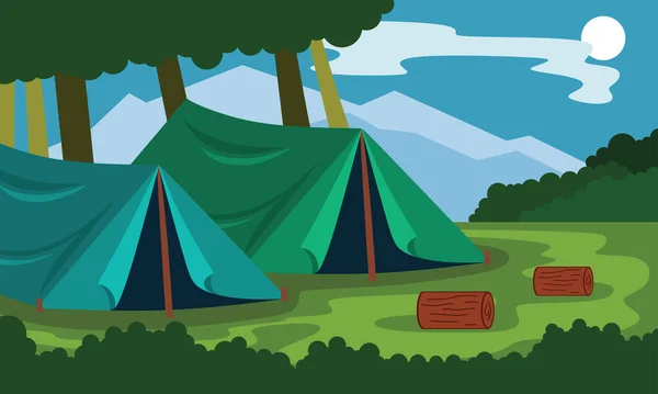 Vakantie Kamp Tent Outdoor Avontuur Prachtige Natuur Landschap Zomerkamp Tent — Stockvector