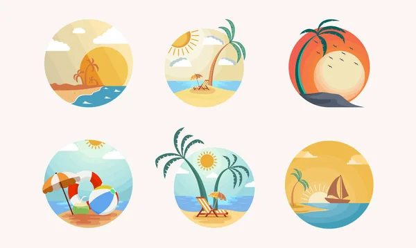一套带有棕榈树的理想夏季海滩图解 夏季海滩标志图标向量 — 图库矢量图片