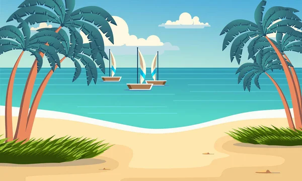 海滨的矢量卡通风格背景 阳光灿烂的夏日背景 热带蓝海和沙滩病媒背景 — 图库矢量图片