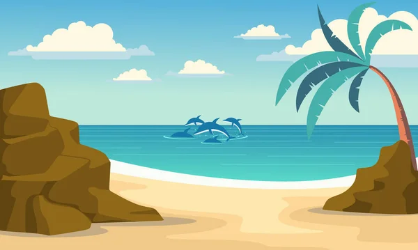 海滨的矢量卡通风格背景 阳光灿烂的夏日背景 热带蓝海和沙滩病媒背景 — 图库矢量图片