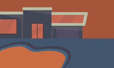 Yüzme havuzu yaz çizimi, yüzme havuzu vektör düz tasarım illüstrasyonunun arka planı. Yatay yerleşim