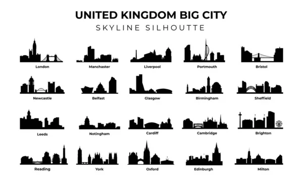 Set Velká Británie Big Cities Skyline Silhouette Most Famous Velká — Stockový vektor