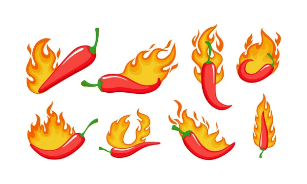 Conjunto Red Chili Peppers Emblems Fire Isolado Branco Ilustração Vetorial —  Vetores de Stock