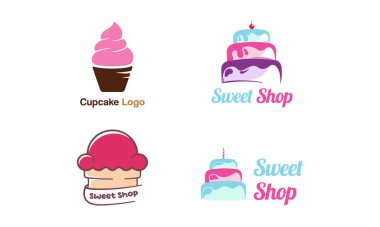 Sweet Shop logo şablon tasarım vektörü seti. Kirazlı pasta tasviri