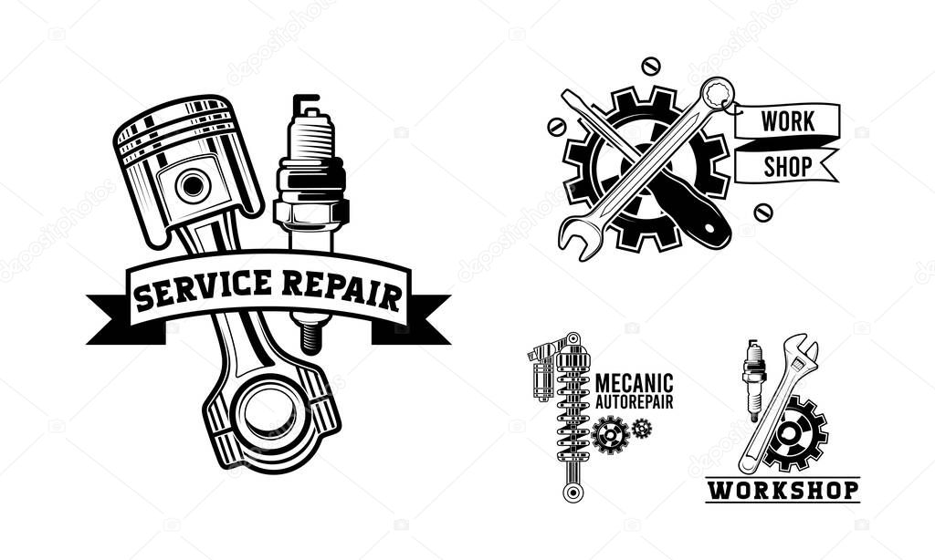 Set of Service, repair labels or logos. Maintenance work icon. Vector