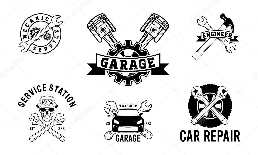 Set of Service, repair labels or logos. Maintenance work icon. Vector