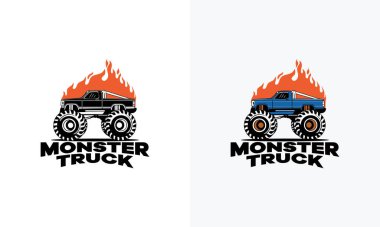 Extreme Monster Truck logo, Extreme Monster Truck with fire flame logo template