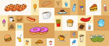 Fast Food Atıştırmalık arka planı. Düz geometrik tarzda simgeler. Soyut işaretler. İç ve Atıştırmalık Vektörü illüstrasyonu