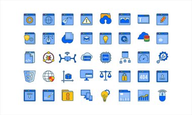 Web geliştirme çizgisi simgeleri ayarlandı. Modern ana hatlar, grafik tasarım kavramları, basit semboller koleksiyonu.