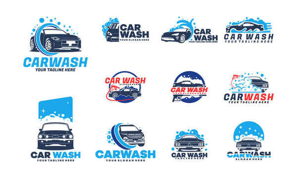 Набор дизайн логотипа мойки автомобилей вектор концепции, шаблон логотипа очистки автомобилей