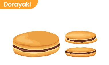 Dorayaki, Japonya tatlı yemek vektör illüstrasyonu. Çizgi film tabakta Japon tatlısını, kahverengi azuki fasulyesi ezmeli dorayaki kreplerini, Asya 'daki geleneksel şekerleme ya da fırın menüsünü ayırdı.