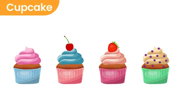 Set Von Vector Cupcake Icon Illustration Süßspeise Mit Kirsche Bonbons — Stockvektor