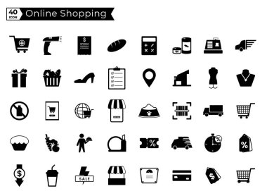 Alışveriş, e-ticaret, m-ticaret, dağıtım, web siteleri ve mobil web siteleri ve uygulamalar için simgeler kümesi. Tasarımcılar ve geliştiriciler için moda düz simge paketi.