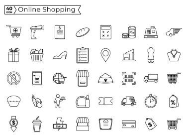 Alışveriş, e-ticaret, m-ticaret, dağıtım, web siteleri ve mobil web siteleri ve uygulamalar için simgeler kümesi. Tasarımcılar ve geliştiriciler için moda düz simge paketi.
