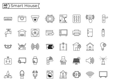 Akıllı ev ikonlarının toplanması - aydınlatma, ısıtma, klima kontrolü. Ev otomasyonu seti ve ince hatlarla çizilmiş uzaktan izleme sembolleri. Vektör illüstrasyonu
