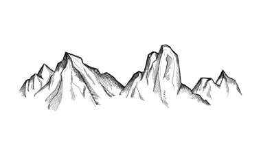 Mountain Peaks El çizilmiş vektör çizimi. Açık hava kampı eskiz tarzında. Peyzaj.