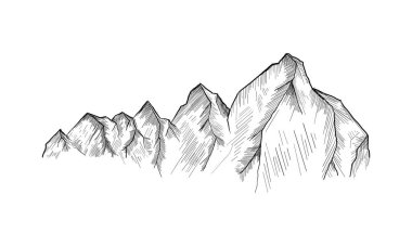 Mountain Peaks El çizilmiş vektör çizimi. Açık hava kampı eskiz tarzında. Peyzaj.