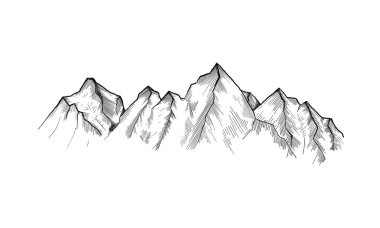 Mountain Peaks El çizilmiş vektör çizimi. Açık hava kampı eskiz tarzında. Peyzaj.