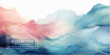 Suluboya sanat arka plan vektörü. Boya fırçası ve altın çizgili sanat eseri olan duvar kağıdı tasarımı. Toprak tonu mavi, pembe, fildişi, bej suluboya baskı, duvar resimleri, kapak ve davetiye kartları.