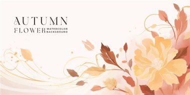 Sonbahar arkaplan vektörü. El boyası suluboya ve altın fırça dokusu, çiçek ve botanik yaprakların el çizimi. Duvar kağıdı, duvar sanatı, kapak, düğün ve davetiye kartı için soyut sanat tasarımı.