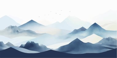 Mavi dağ arka plan vektörü. Suluboya fırça desenli Doğu Lüks peyzaj tasarımı. Duvar kağıdı tasarımı, ev dekorasyonu ve baskılar için duvar sanatı.