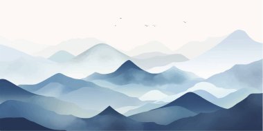 Mavi dağ arka plan vektörü. Suluboya fırça desenli Doğu Lüks peyzaj tasarımı. Duvar kağıdı tasarımı, ev dekorasyonu ve baskılar için duvar sanatı.