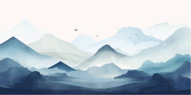 Mavi dağ arka plan vektörü. Suluboya fırça desenli Doğu Lüks peyzaj tasarımı. Duvar kağıdı tasarımı, ev dekorasyonu ve baskılar için duvar sanatı.