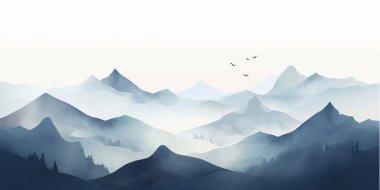 Mavi dağ arka plan vektörü. Suluboya fırça desenli Doğu Lüks peyzaj tasarımı. Duvar kağıdı tasarımı, ev dekorasyonu ve baskılar için duvar sanatı.