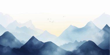 Mavi dağ arka plan vektörü. Suluboya fırça desenli Doğu Lüks peyzaj tasarımı. Duvar kağıdı tasarımı, ev dekorasyonu ve baskılar için duvar sanatı.