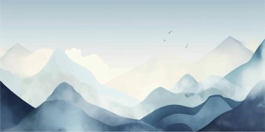 Mavi dağ arka plan vektörü. Suluboya fırça desenli Doğu Lüks peyzaj tasarımı. Duvar kağıdı tasarımı, ev dekorasyonu ve baskılar için duvar sanatı.