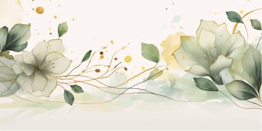 Soyut sanat arka plan vektörü. Altın çizgili sanat çiçekli, botanik yapraklı, organik şekilli, suluboyalı lüks duvar kağıdı. Pankart, poster, Web ve Paketleme için vektör arkaplanı.