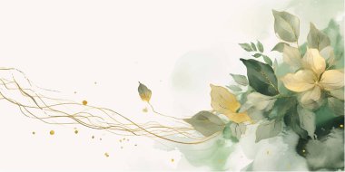 Soyut sanat arka plan vektörü. Altın çizgili sanat çiçekli, botanik yapraklı, organik şekilli, suluboyalı lüks duvar kağıdı. Pankart, poster, Web ve Paketleme için vektör arkaplanı.