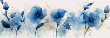 Lüks soyut sanat botanik kompozisyonu. Mavi ve altın tonlarında bahar minimal tasarımı. Suluboya çiçekler, bitkiler, yapraklar.