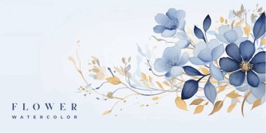 Lüks soyut sanat botanik kompozisyonu. Mavi ve altın tonlarında bahar minimal tasarımı. Suluboya çiçekler, bitkiler, yapraklar.