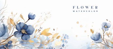 Lüks soyut sanat botanik kompozisyonu. Mavi ve altın tonlarında bahar minimal tasarımı. Suluboya çiçekler, bitkiler, yapraklar.