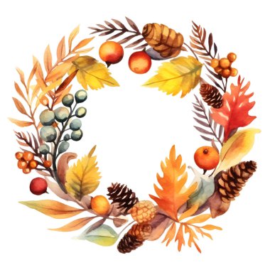 Sonbahar yapraklarının vektör çelengi ve suluboya tarzda meyveler. Güzel yuvarlak sarı ve kırmızı yapraklar, meşe palamudu, dut, koni ve dallardan oluşan çelenkler. Davetiyeler, tebrik kartları, posterler için dekorasyon.