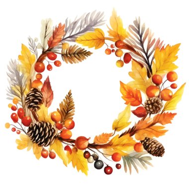 Sonbahar yapraklarının vektör çelengi ve suluboya tarzda meyveler. Güzel yuvarlak sarı ve kırmızı yapraklar, meşe palamudu, dut, koni ve dallardan oluşan çelenkler. Davetiyeler, tebrik kartları, posterler için dekorasyon.