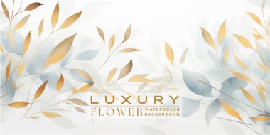 Açık mavi arka planda bitki altın yaprakları olan lüks bir arka plan. Baskı, web pankartları, ambalaj tasarımı için botanik sanatı