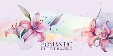 Zarif, romantik suluboya arka plan ve el boyalı zambaklar. Renkli suluboya lekesi, yıkama, mürekkep taklit.