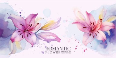 Zarif, romantik suluboya arka plan ve el boyalı zambaklar. Renkli suluboya lekesi, yıkama, mürekkep taklit.