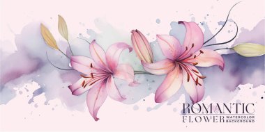 Zarif, romantik suluboya arka plan ve el boyalı zambaklar. Renkli suluboya lekesi, yıkama, mürekkep taklit.