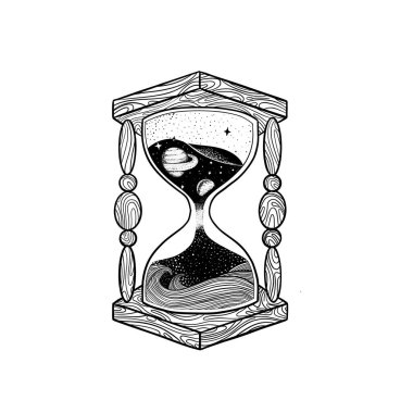 İçinde doğa elementi olan kum saati. Beyaz arkaplanda izole edilmiş siyah-beyaz el çizimi vektör çizimi, Kum saati kabartma vektör çizimi.