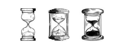 Kum saati seti. Beyaz arkaplanda izole edilmiş siyah-beyaz el çizimi vektör çizimi, Kum saati kabartma vektör çizimi.