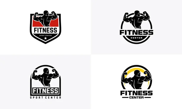 Set Fitness Logo Badge Muscle Man Gymnastic Logo Template Vector — Stock Vector