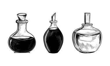 İksirli şişeler. El çizimi illüstrasyon vektöre çevrildi.