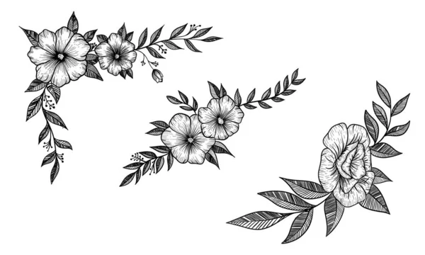 Sor Virág Kompozíciók Csokrok Kézzel Rajzolt Virágok Növények Fekete Fehér — Stock Vector
